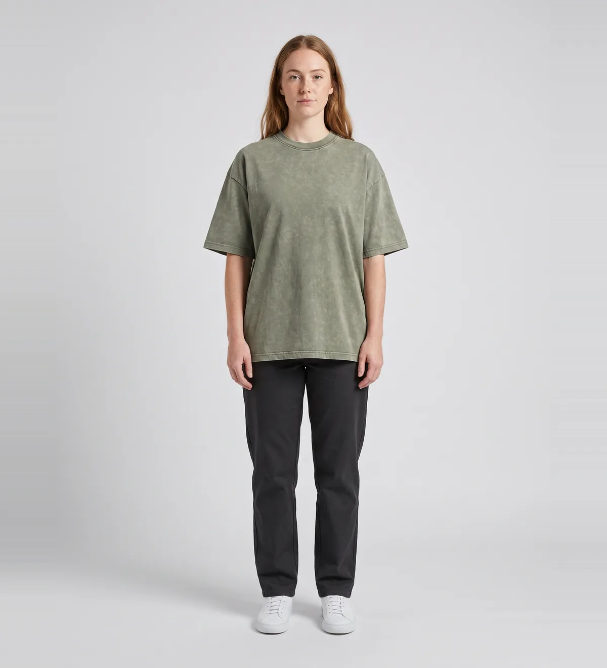 Moss green tee from the NextGen catalogue on model